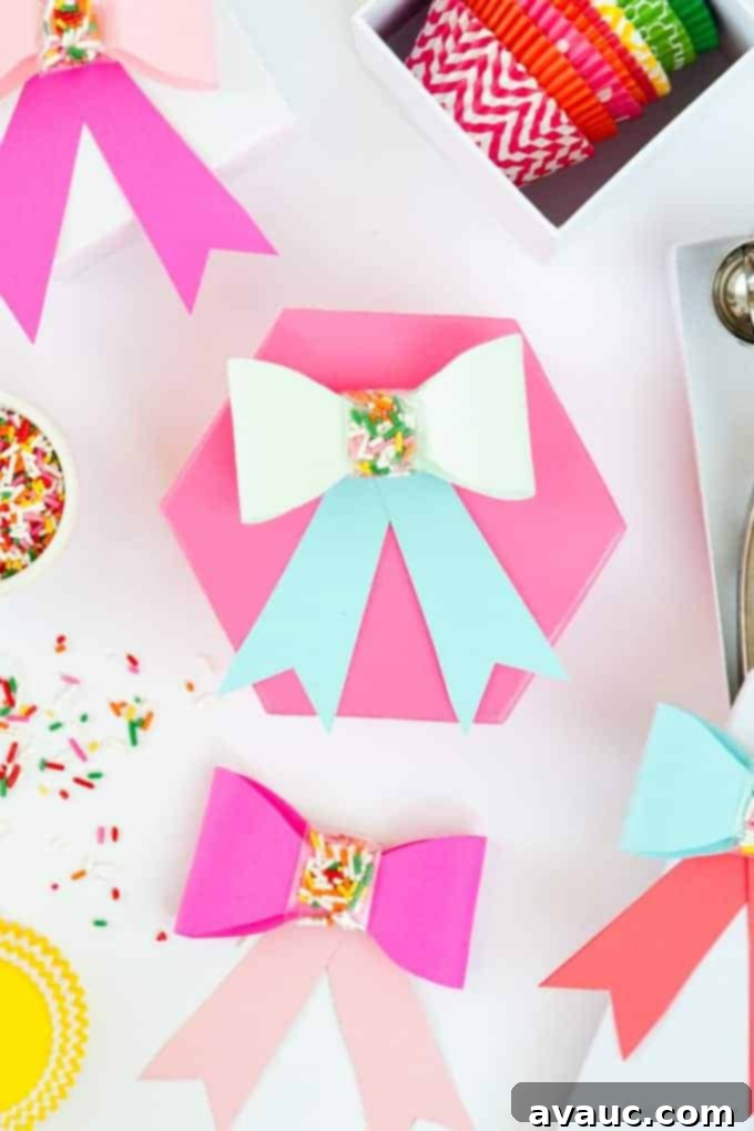 Whimsical Confetti Paper Bows 3 Use this free printable template to make these adorable DIY Paper SPRINKLE bows! Great for birthdays, holidays, or just to gift fun supplies to your favorite baker!