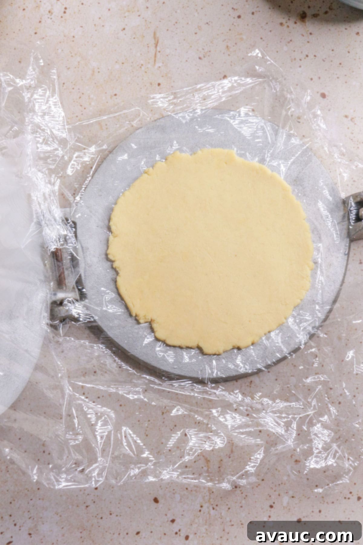 Delightful Gluten-Free Pineapple Empanadas 11 Flattened empanada dough circle on a tortilla press