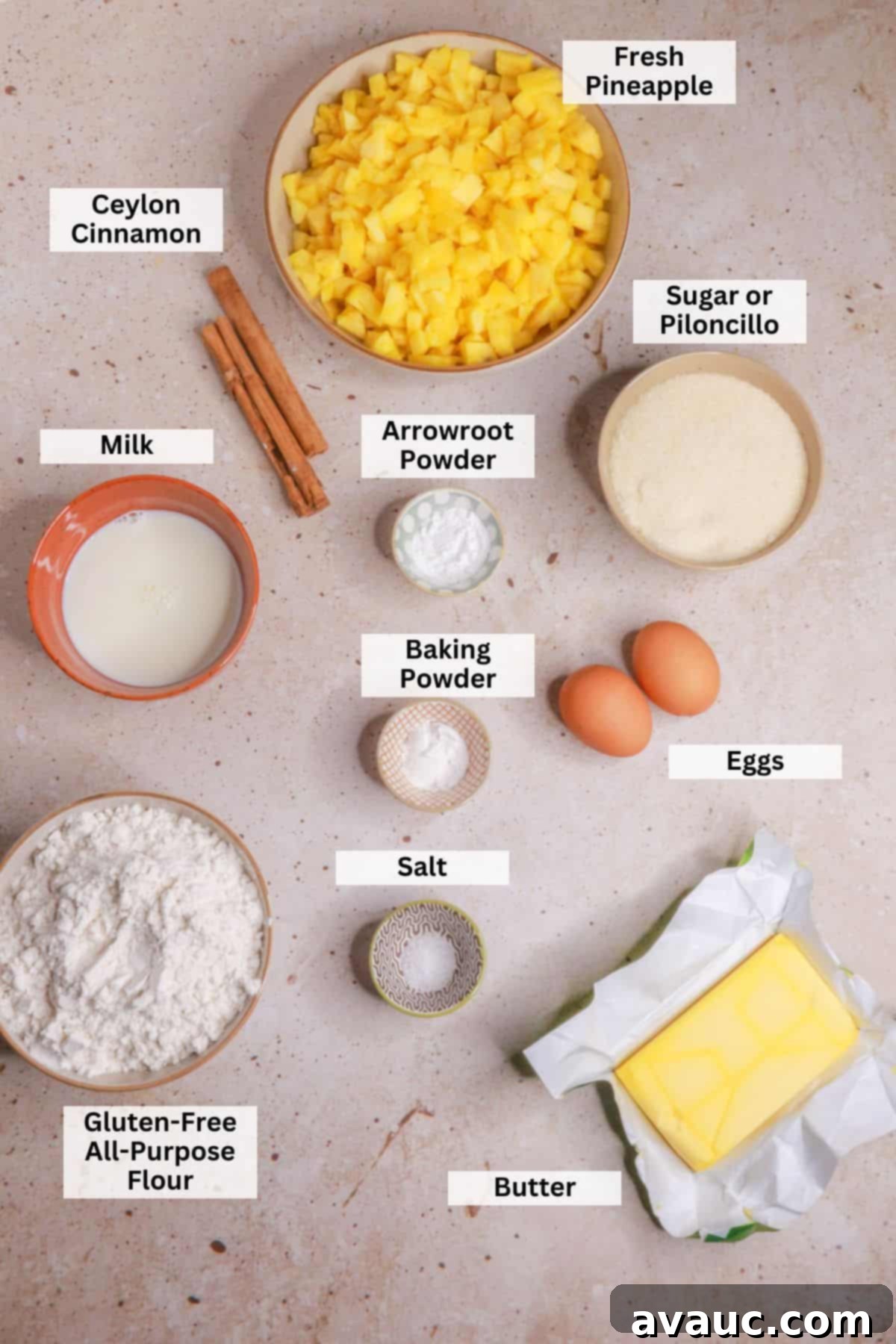 Delightful Gluten-Free Pineapple Empanadas 3 Ingredients for pineapple empanadas: fresh pineapple, Ceylon cinnamon, sugar, milk, arrowroot starch, eggs, baking powder, salt, gluten-free all-purpose flour, butter