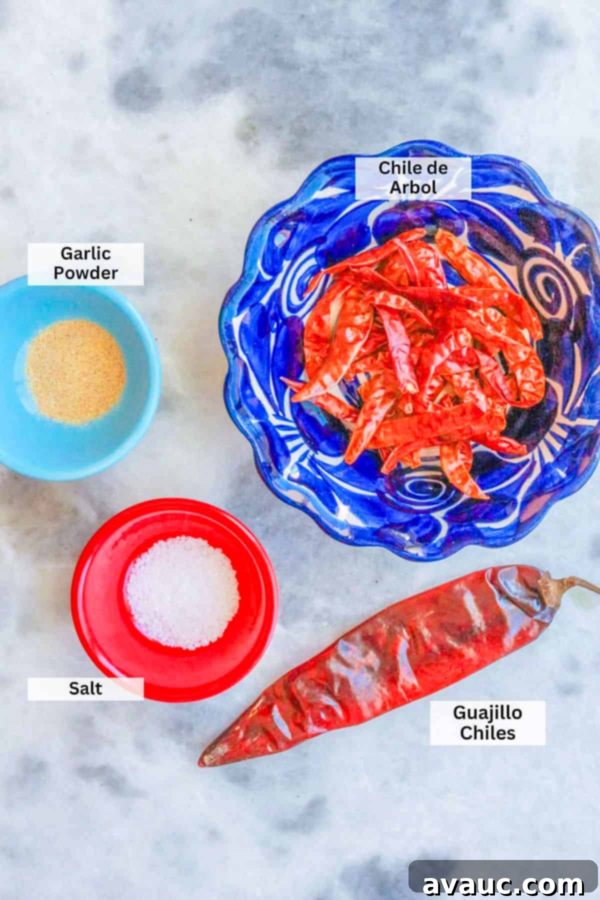 Ingredients for salsa for pozole: garlic powder, árbol chiles, guajillo chiles, salt